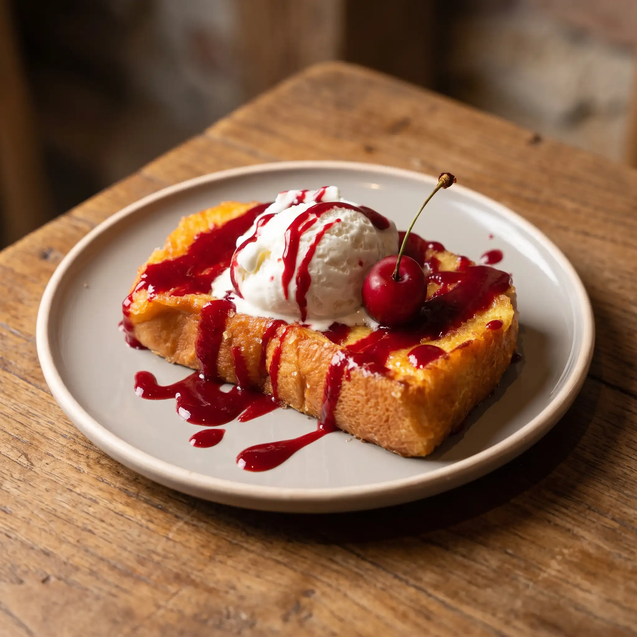 Brioche perdue, glace vanille et coulis de fruits rouges