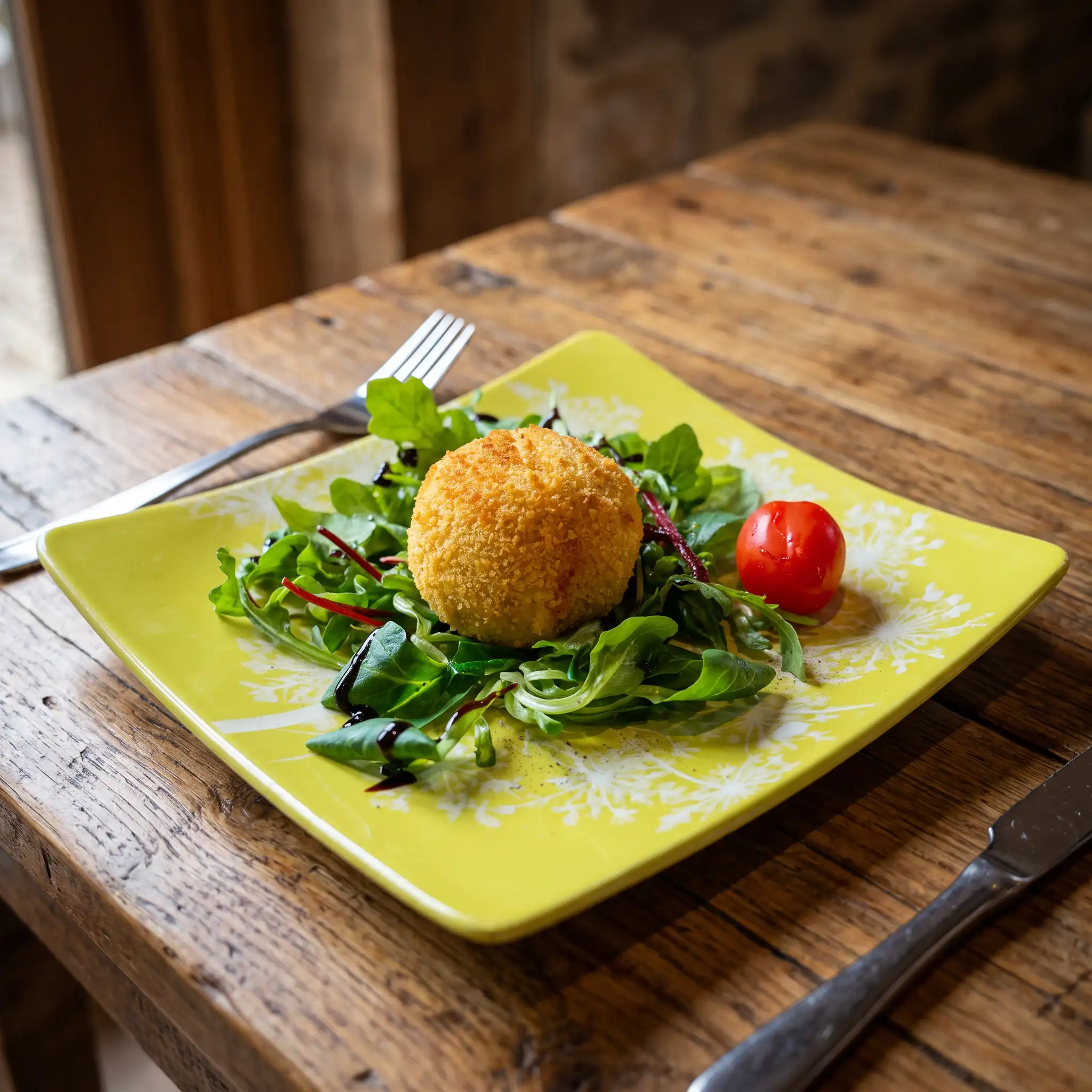 Croquette croustillante sur son lit de jeunes pousses
